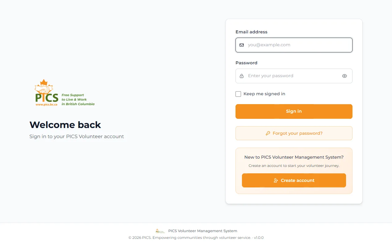 Screenshot of PICS Volunteer Management System